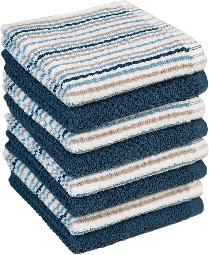Bumble Premium Dish Cloths Towel 12"x12" | 100% Natural Ring Spun Cotton Tea Towel Set | 430 GSM | Highly Absorbent & Soft Dish Towels | 8 Pack - 4 Popcorn Striped & 4 Solid Kitchen Towels - Blue