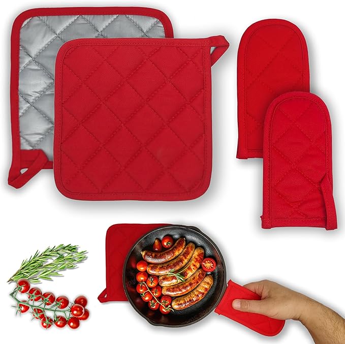 Handle Holders and PotHolders Set, Heat Resistant Quilted Kitchen Accessories, Red, 4-Piece