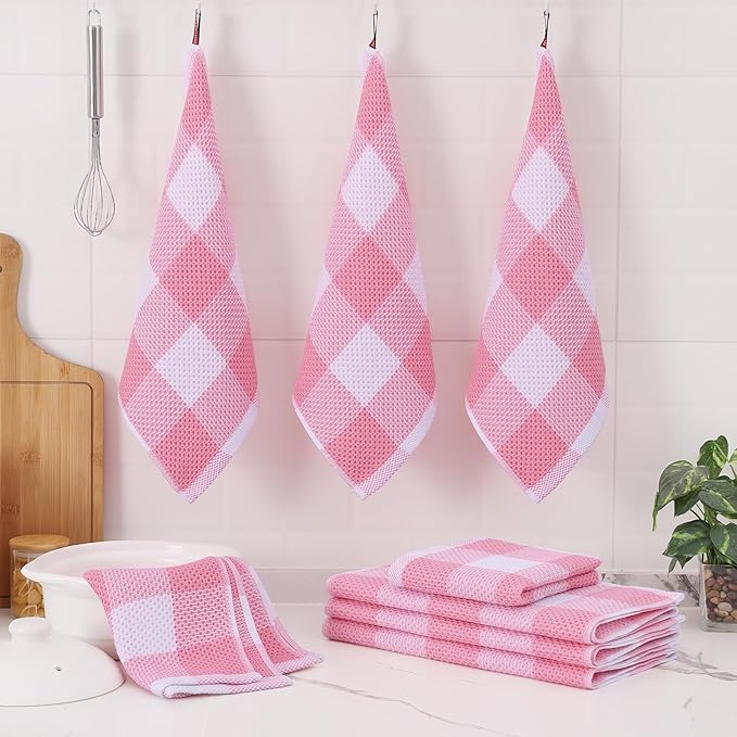 Homaxy Kitchen Towels and Dishcloths Set, 12 x 12 and 13 x 28 Inches, Set of 16 100% Cotton Waffle Weave Check Plaid Kitchen Dish Towels, Super Soft and Absorbent Dish Cloths, White & Pink