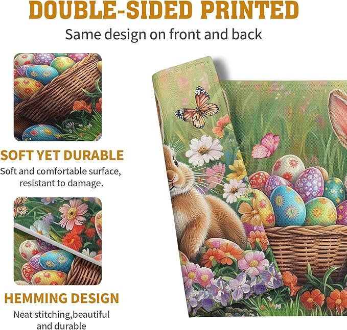 Easter Bunny Placemats Set of 4 Easter Colorful Eggs Floral Linen Fabric Table Mats Spring Farmhouse Seasonal Table Place Mats for Outdoor Indoor Home Party 12x18 Inch