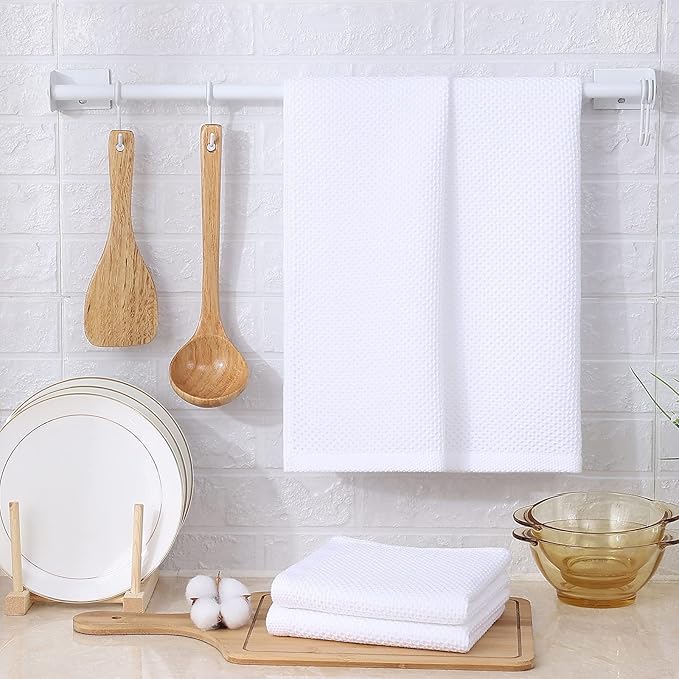 Kitinjoy 100% Cotton Waffle Weave Kitchen Hand Towels (13 X 28 Inches, White), 8-Pack Super Soft and Absorbent Dish Towel for Drying Dishes