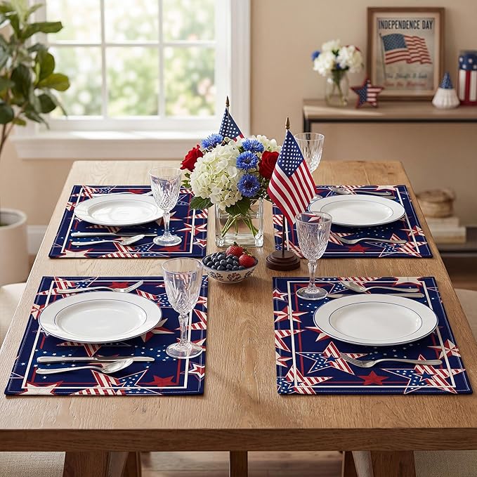 4th of July Red White Blue Star Placemats, USA 250th Anniversary 1776-2026 Independence Day Watercolor Star Table Mats, Washable Patriotic Placemats for Memorial Day Party Decor, Set of 4