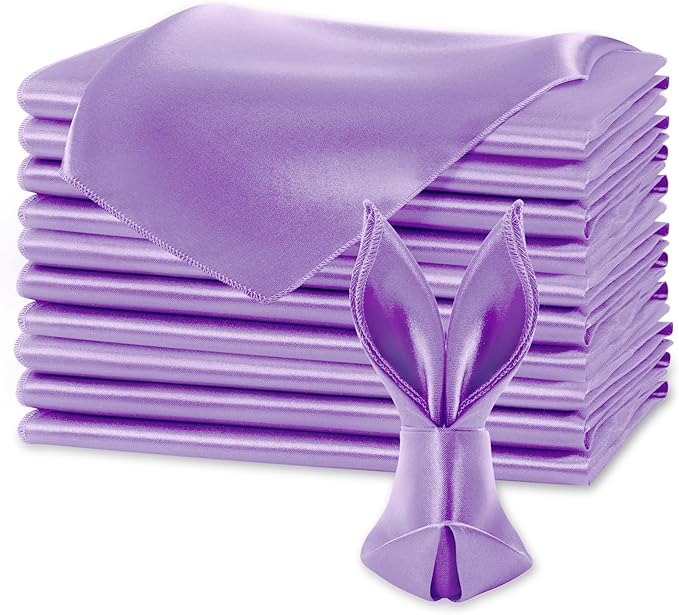 KKJIAF Lavender Silky Satin Napkins (12 Pack, 17x17 Inches),Washable Polyester Square Table Napkins for Wedding Dinner Party Decoration