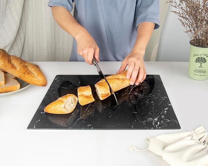 Kitchenville Glass Cutting Board 16"x12": Tempered Glass Kitchen Counter Protector - Durable- Scratch-Resistant, Heat-Proof - Design 1 - Black Marble Effect