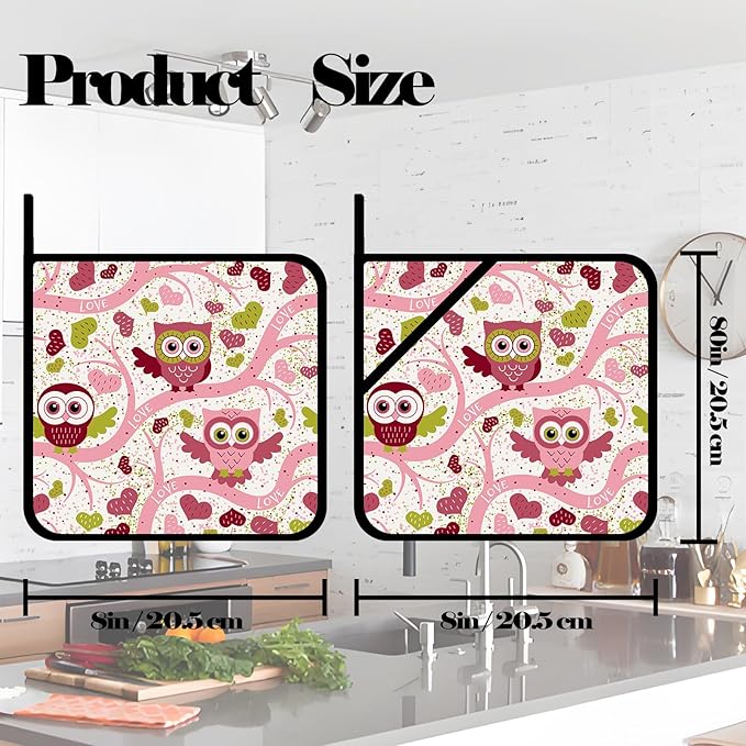 Owl Heart Pot Holders 2 PCS,Pink Branch Kitchen Heat Resistant Hot Pads for Cooking Grilling Baking BBQ, Pot Holders for Women Cook Home Microwave