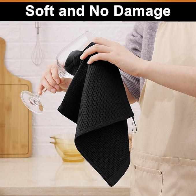 Homaxy 100% Cotton Waffle Weave Dish Cloths - 24 Pack Soft and Absorbent Dish Towels - 12 x 12 Inches Quick Dry Dish Rags - Black