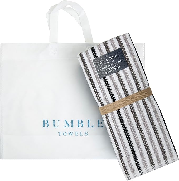 Premium Kitchen Towels (16”x 26”, 6 Pack) | Large Cotton Kitchen Hand Towels | Popcorn Striped Design | Dish Towels | 430 GSM Highly Absorbent Tea Towels Set with Hanging Loop | Black