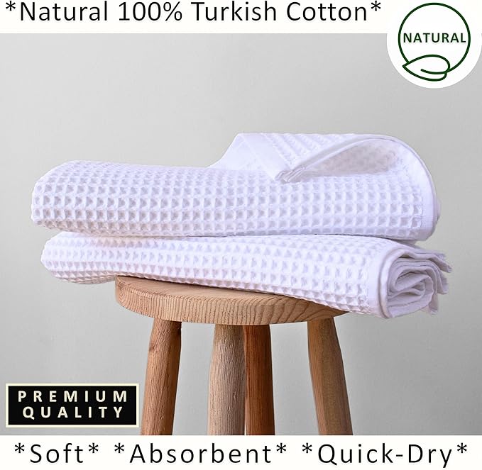 PÜSKÜL 2-Piece White Waffle Bath Towels for Bathroom | Natural 100% Turkish Cotton Towel | Soft Absorbent Quick-Dry Lightweight 32x63 Extra Large Turkish Bath Sheet (White Bath Towels - Pack of 2)