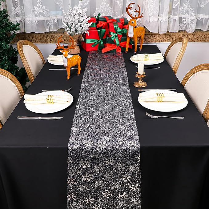 Snowkingdom 2 Pcs Christmas Snowflake Silver Table Runner 108 Inch Sparkly Silver Glitter Metallic Runners Decorations for Seasonal Winter Festival Holiday Home Party