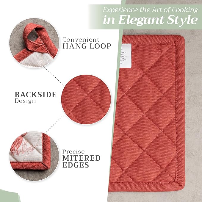 Maison d' Hermine 100% Cotton Oven Mitt & Pot Holder Set (7.5"x13" & 8"x8") Heat Resistant BBQ Cooking Gloves with Loop for Thanksgiving Christmas Decorations Handling Hot Pans (Holy Jouy - Red)