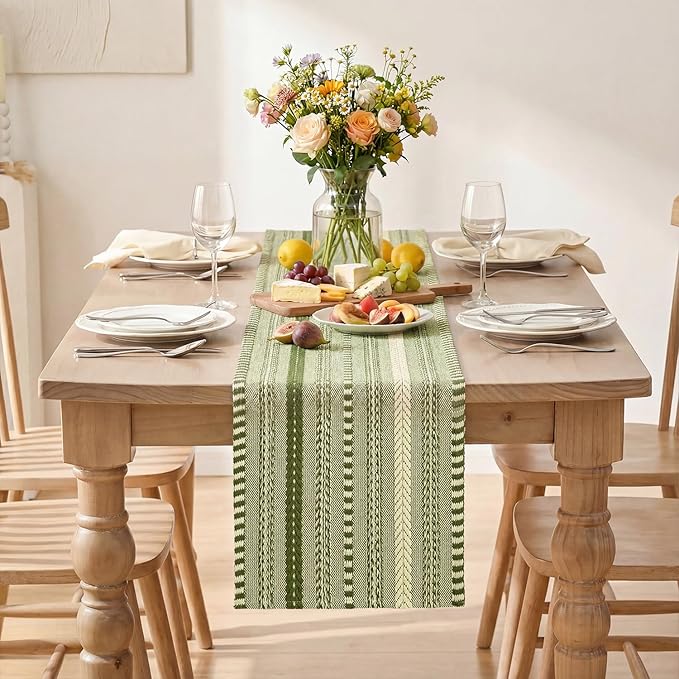 Artoid Mode Army Green Farmhouse Woven Table Runner, Seasonal Holiday Rustic Kitchen Dining Table Decoration for Home Party Decor 12x120 Inch