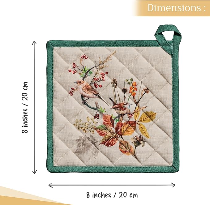 Maison d' Hermine Pot Holders Set 100% Cotton Heat Resistant Potholders 8" x 8" Hot Pads with Loop for Thanksgiving Christmas Decorations BBQ Cooking Baking Handling Hot Pans (Pack of 2, Recolte)
