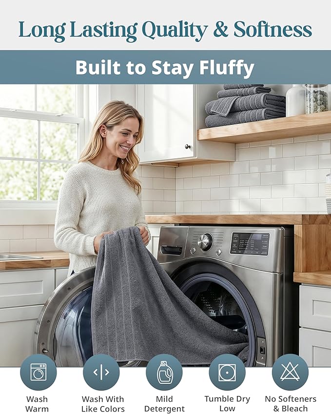 Casa Platino 100% Cotton Towels Set for Bathroom - 12 Pc Family Pack - Super Soft & Quick Dry - 4 Bath, 4 Washcloth, 4 Hand Towels - Oeko TEX Certified, Machine Washable & Durable - Cool Grey
