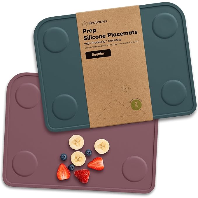 KeaBabies 2pk Silicone Placemats for Toddlers, Kids - 12x9 Non Slip Suction Baby Silicone Placemat for Restaurants, Dining Table,Travel, Easy to Clean, Food Grade/BPA-Free,Small Baby Table Mat(Rocky)