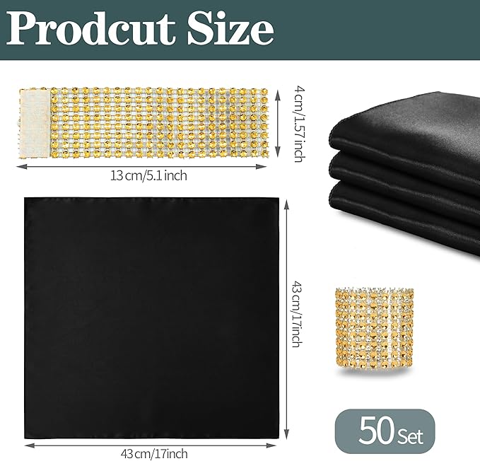 RUDONG M 100 Pcs Black Satin Napkins and Napkin Rings Set, 17 x 17 Inch Square Cloth Napkins Set of 50, Silky Soft Table Napkins Bulk for Weddings, Banquet, Parties Dinner Decoration
