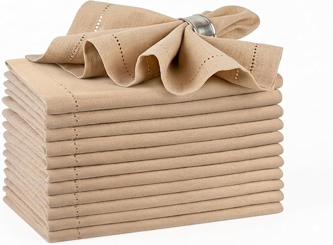 Palisa Beige Cotton Napkins Set of 12 | Premium Hemstitch Detailing Cloth Dinner Napkins 18x18 Inch | Soft Washable & Reusable Table Napkins for Everyday Use Weddings Parties Restaurants & Hotels