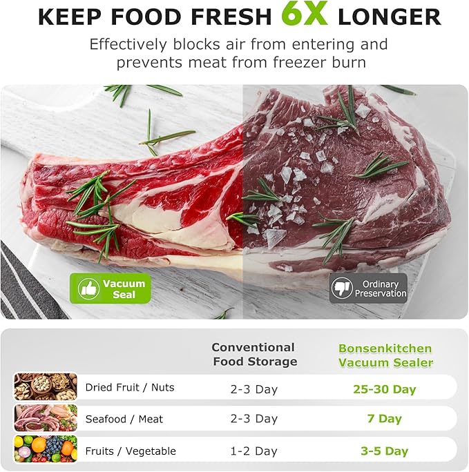 Bonsenkitchen Vacuum Sealer Machine | Compact Food Sealer for Kitchen Storage & Meal Prep | Multiple Modes | External Vacuum System | 5 Bags, Black