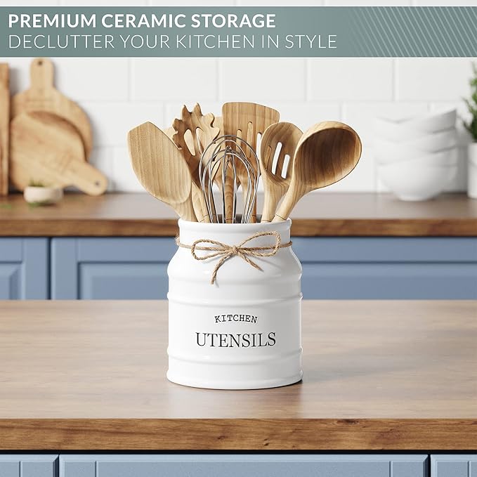 Barnyard Designs Ceramic Farmhouse Utensil Holder for Kitchen Counter, Large Rustic Utensil Crock, Countertop Cooking Tool Spatula Organizer, 6.75” (White)