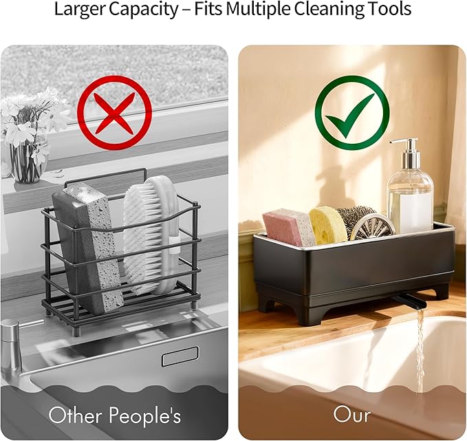 MOUKABAL Sponge Holder for Kitchen Sink – Rustproof Stainless Steel, 360° Rotating Drain Pipe, Large Counter Organizer with Drip Tray for Sponges, Brushes & Dish Cloths Black