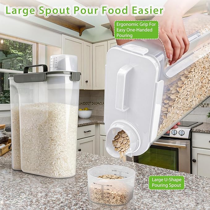 Viretec Rice Storage Container, 10 to 20lb Dry Food Airtight Dispenser, Pet Dog Cat Food Canister, BPA Free Clear Plastic Kitchen and Pantry Bin for Oatmeal, Cereal, Pasta, Flour Pack of 2 Grey