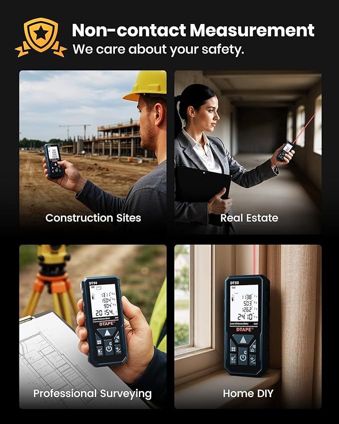Laser Measure, DTAPE Digital Laser Distance Meter, Upgraded High-Accuracy Laser Measuring Tool, Electronic Tape Measure, 2" Backlit LCD Display, Area/Volume/Indirect Measurement, in/Ft/Ft+in/M