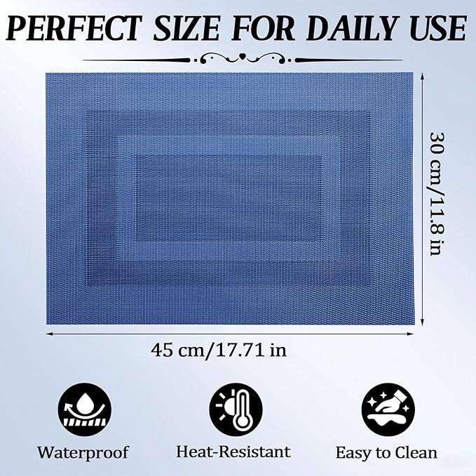 Timeet Blue Placemats Set of 6, Heat Resistant Non-Slip Place Mats, Durable Washable PVC Vinyl Woven Table Mats, Wipeable Placemats for Dining Table Easy to Clean