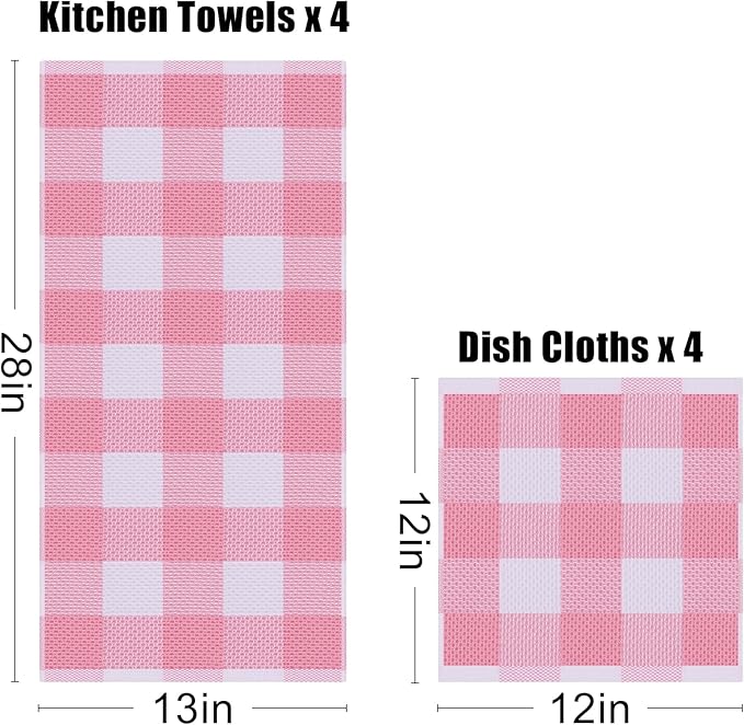 Homaxy Kitchen Towels and Dishcloths Set, 12 x 12 and 13 x 28 Inches, Set of 16 100% Cotton Waffle Weave Check Plaid Kitchen Dish Towels, Super Soft and Absorbent Dish Cloths, White & Pink