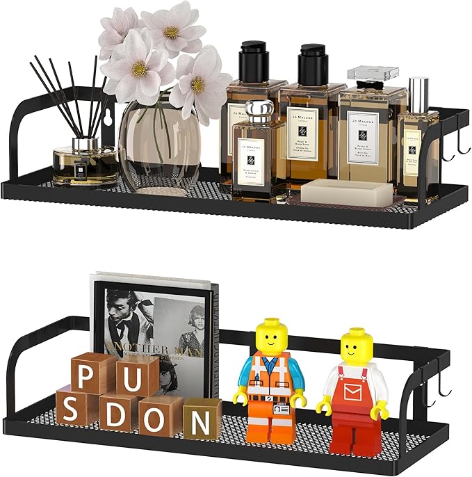 PUSDON 2-Pack Wide Hollowout Shower Caddy & Spice Rack, Wall Mount Bathroom Organizer with Mesh Bottom, Easy Access Cabinet Door Shelf Holds 50LBS - Matte Black, Hollowout