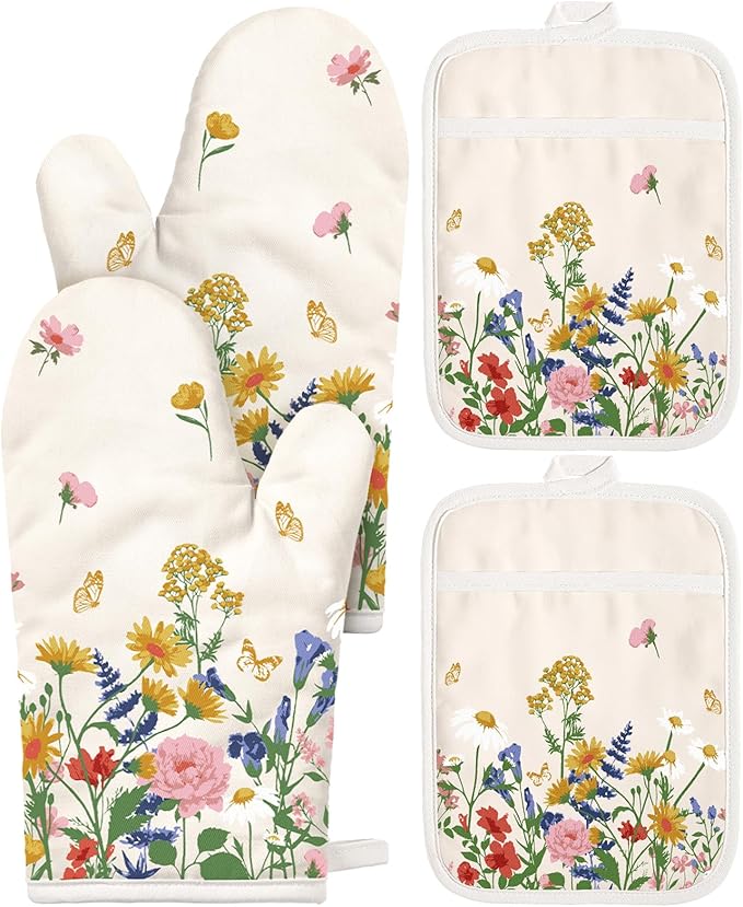 Miss Adola Cotton Oven Mitts and Pot Holders Sets - Quilted Lining Heat Resistant 4 Pieces Set with Hanging Loop Cute Farmhouse Boho Spring Kitchen Decor and Accessories, Retro Flower