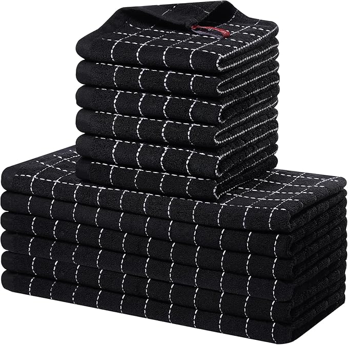 Homaxy Kitchen Towels and Dishcloths Set, 12 x 12 and 13 x 28 Inches, Set of 12 Bulk Cotton Terry Kitchen Towels Set, Checkered Designed, Soft and Super Absorbent Dish Towels, Black