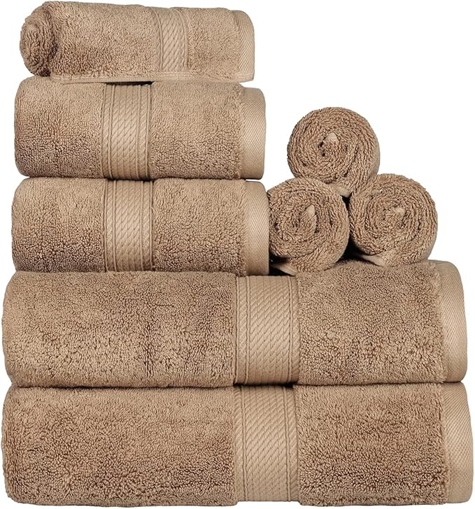 Superior Egyptian Cotton Pile 8 Piece Towel Set, Includes 2 Bath, 2 Hand, 4 Face Towels/ Washcloths, Ultra Soft Luxury Towels, Thick Plush Essentials, Guest Bath, Spa, Hotel Bathroom, Latte