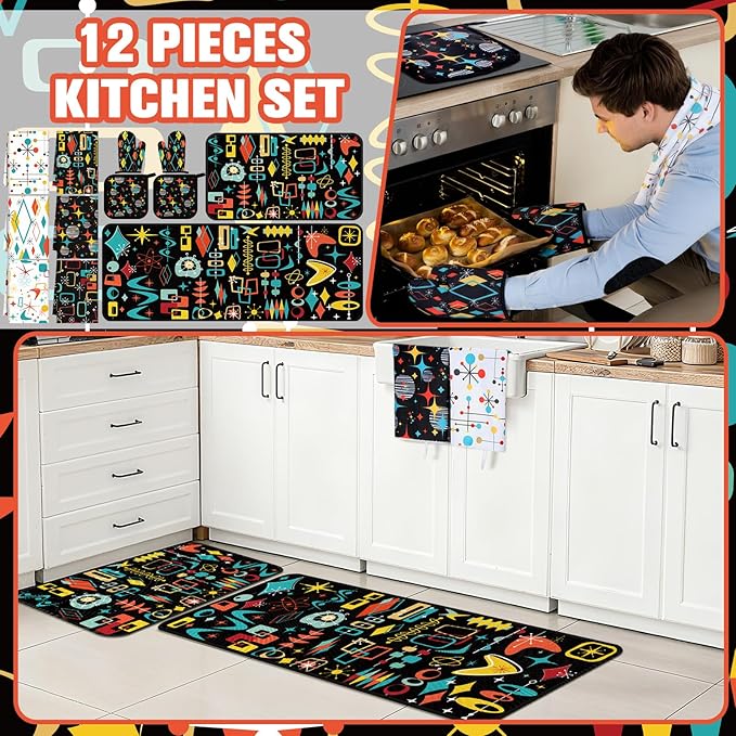 Fourluoo 12 Pcs Retro Kitchen Decor Mid Century Oven Mitts and Pot Holders Set Mid Century Kitchen Dish Towels Vintage Abstract Geometric Potholders Rugs Mats for Black White Baking Cooking BBQ Gift