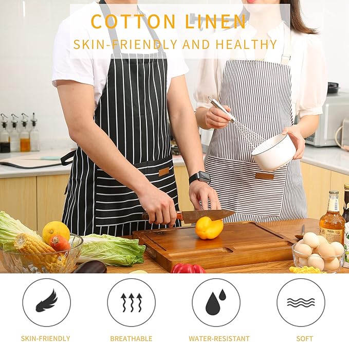 Tosewever 2 Pieces Kitchen Cooking Aprons, Cotton Polyester Blend Adjustable Bib Aprons with 2 Pockets for Women Men Chef Chef (Black/Brown Stripes, 2)