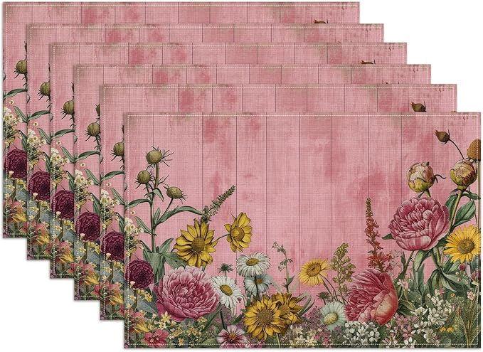 Vintage Wildflower Pink Wooden Placemats Set of 6, Washable Heat Resistant Table Mat Linen Place Mats for Party Kitchen Dining Home Decor 12x18 Inch