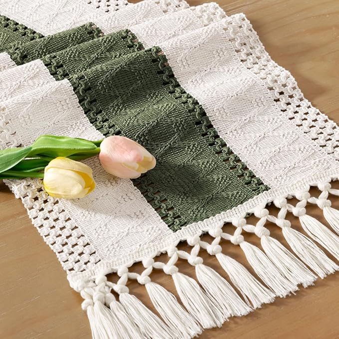 Socomi Boho Table Runner Easter Spring Farmhouse Rustic Dining Kitchen Centerpiece Decor Small Macrame Woven Cotton Linen Coffee Table Runner for Dresser Scarf Home Decor 12x48 inch Olive Green