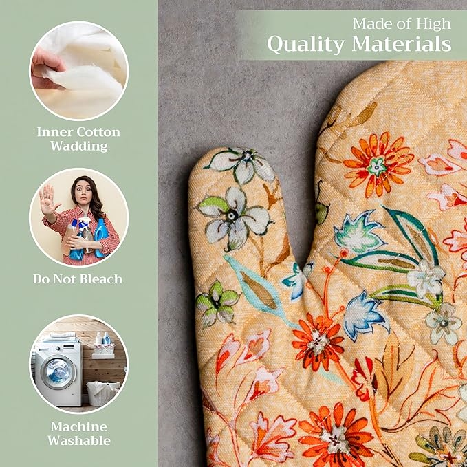 Maison d'Hermine Oven Gloves 100% Cotton Oven Mitt 7" x 13" with Loop Heat Resistant BBQ Cooking Gloves Baking Grilling Gifts for Mothers Day Spring/Summer (Pack of 1, Luxury Loft - Peach)
