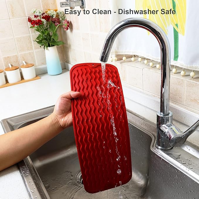 ZLR Silicone Sponge Holder & Sink Caddy Tray (6" x 17") - Narrow Dish Drying Mat for Kitchen Counter - Waterproof Soap Dispenser Organizer, Non-Slip Bathroom Vanity Tray (Lava Red)