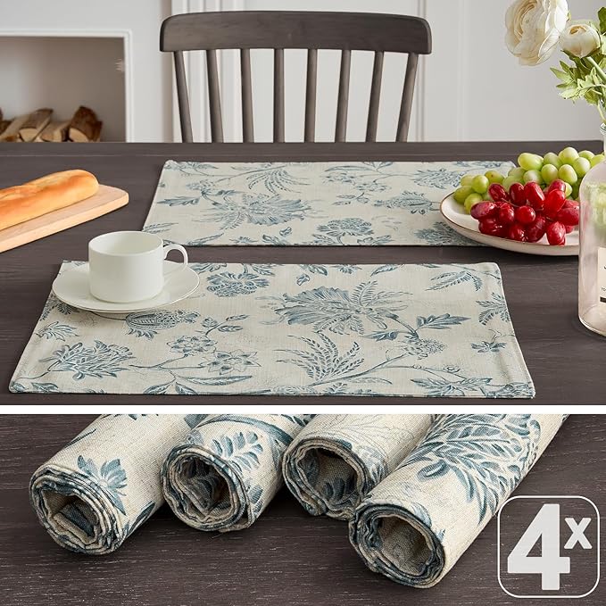 JINCHAN Linen Floral Placemats Set of 4 Cloth Table Mats Rustic Cottagecore Jacobean Outdoor Seasonal for Kitchen Dining Table Decor Washable Tablemats 13x19 Inch Blue