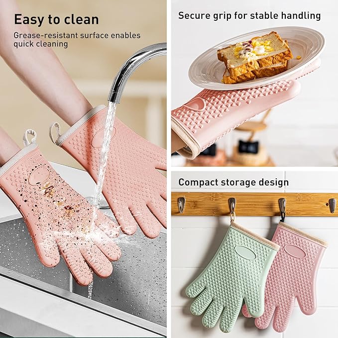 Silicone Oven Gloves with Fingers, High Temperature 450F Heat Resistant Oven Mitts Waterproof & Non-Slip Good Grip BBQ Grilling Gloves for Kitchen Cooking, Baking, Welding (Pink) ﻿