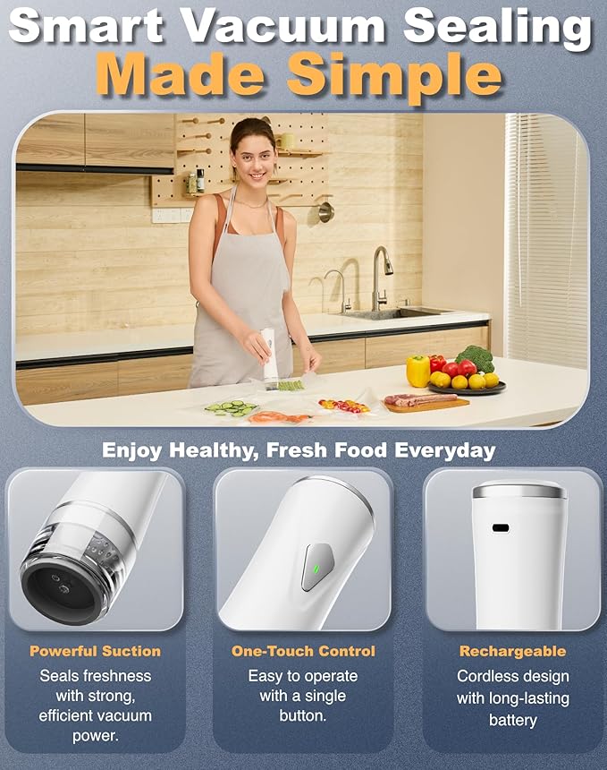 Compact Vacuum Sealer for Food, Handheld Saver Vacuum Sealer Machine with 30 Reusable Bags for Preservation & Fresh White