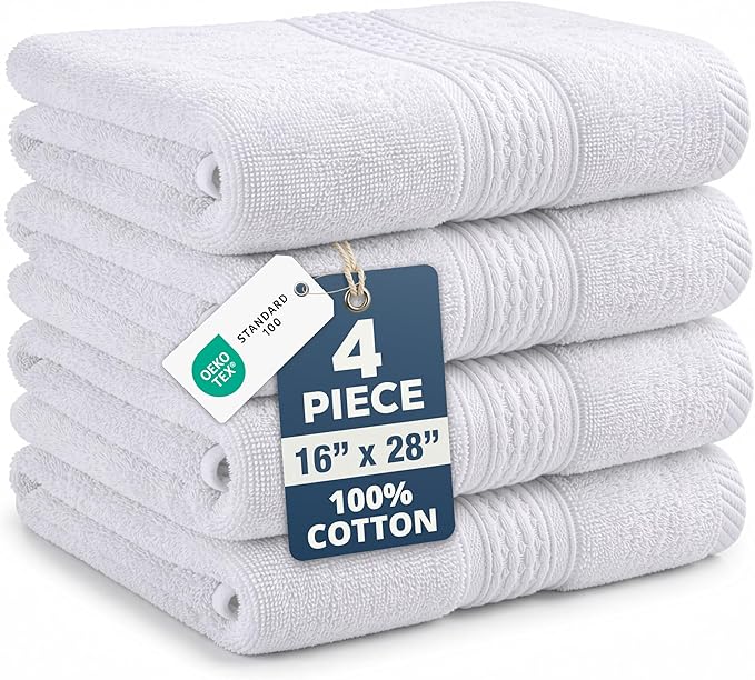 White Hand Towels for Bathroom - Pack of 4 (16"x28") 100% Cotton Hand & Face Towels - Soft, Durable, Quick Dry & Highly Absorbent, Fingertip Towel for Bathroom - Great for Gym, Salon, Spa & Family Use
