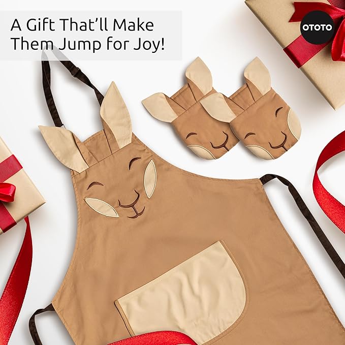 OTOTO Aproo Kitchen Set – Oven Mitts and Chef Apron with Pockets, Cute Cooking Accessories, Funny Kitchen Gift, Kangaroo (Brown Aproo Set)
