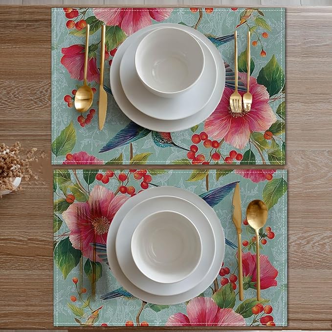 HOMETITUTE 12x18 Inch Placemats Set of 4 Linen Hummingbird Floral Spring Summer Washable Table Mats Place Mats Decorative Farmhouse Autumn Placemats Set Kitchen Dining Table Decor