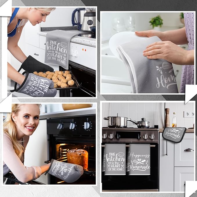 Sratte 6 Pcs Kitchen Decor Accessories Set Farmhouse Towels Pot Holders Oven Mitts Set 2 Dish Towels 2 Potholders 2 Cooking Mittens Oven Glove for Christmas Baking Cooking Supply(Gray,Kitchen)