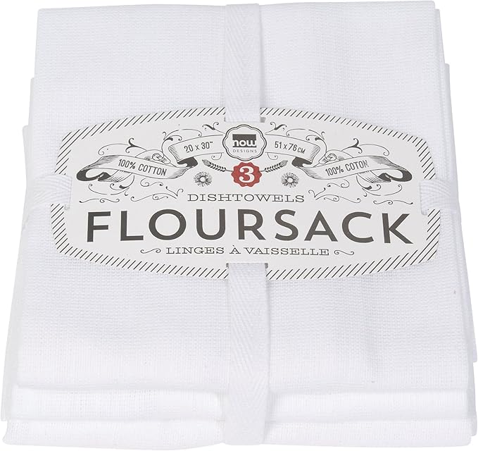Now Designs Classic Floursack Kitchen Towels, Set of Three, White