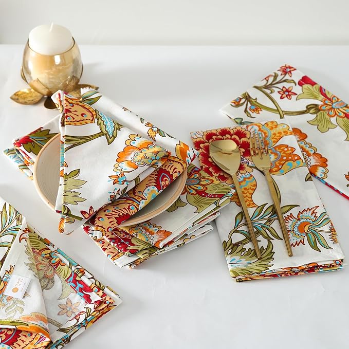 TARAN LIVING Cotton Cloth Napkins Natural Reusable Fall Dinner Napkins Reusable Machine Washable Fabric for Events, Gift, Home Decor - Kaveri, 20x20 Inches (Pack of 12)