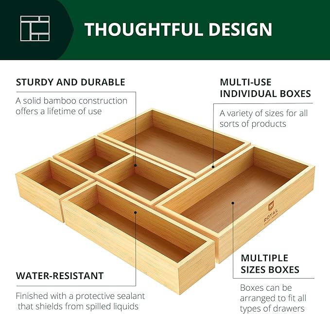 ROYAL CRAFT WOOD Luxury Bamboo Kitchen Drawer Organizer and Storage Box 5pcs Bundle