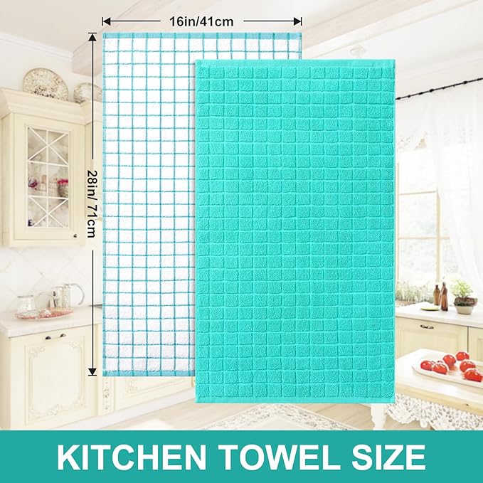 Homaxy Premium Cotton Kitchen Towels 16"x 28", Large Natural Ring Spun 390 GSM Dish Towels, Super Absorbent Terry Kitchen Hand Towels, Soft Tea Towels with Hanging Loop, Aqua Check Design, 6 Pack