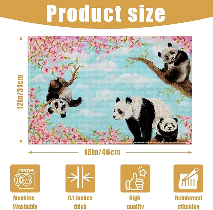 Cute Panda Placemats Set of 6, Sakura Tree Linen Place Mat Washable Stain Resistant Table Mats for Farmhouse Kitchen Dining Holiday Party Wedding Decor 12x18 Inch
