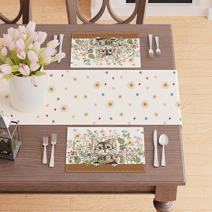 XCHI Wildflowers Cat Daisy Spring Placemats Set of 4 Summer Table Mats for Party Home Kitchen Dining Table Decorations 12x18 Inch